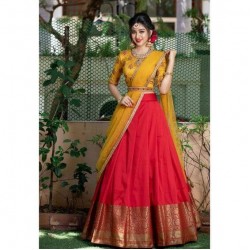 South Indian Lehenga Choli In Red and Yellow Color Silk fabric